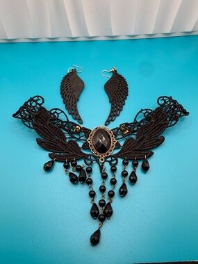 Black Gothic Lace Choker Necklace with Faceted Gem and Dangle Beads
